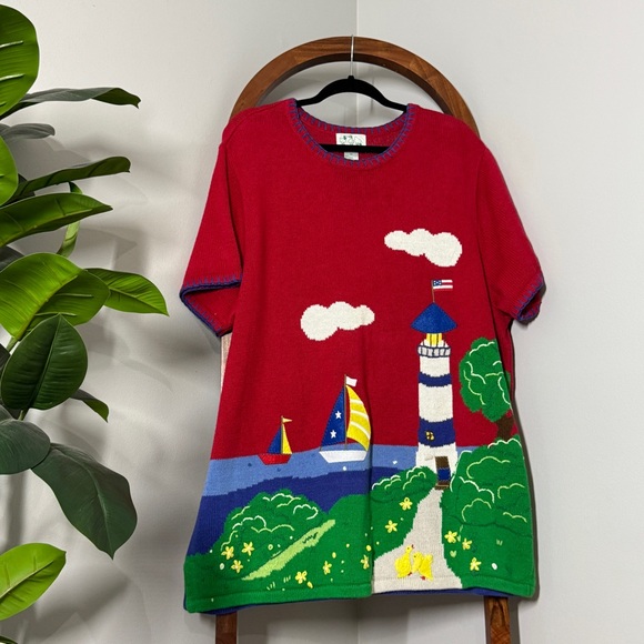 Quacker Factory Sweaters - Quacker Factory 2X Red New England Lighthouse Short Sleeve Knit Tunic Sweater